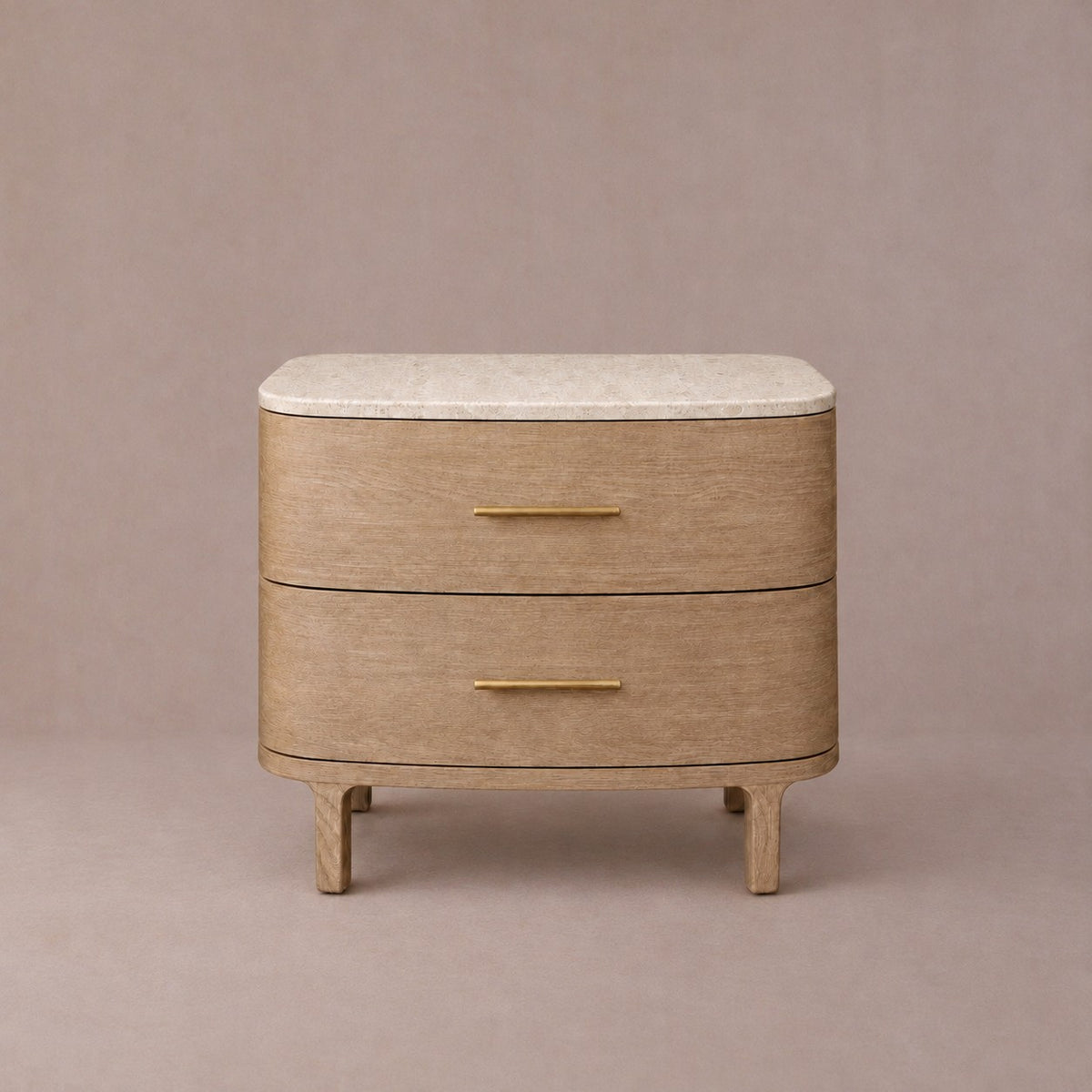Two-Drawer Marble Top Bedside Table With Brass Pulls