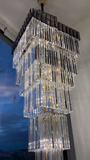 Decorative Large Vertical Crystal Staircase Chandelier Foyer Ceiling Light Fixture Lamp In Gray/ Amber Brim