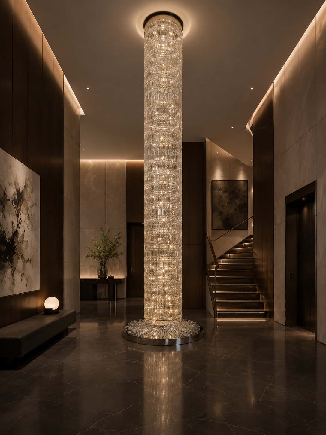 Oversized Art Designer Silver Crystal Long Ceiling Column Waterfall Chandelier