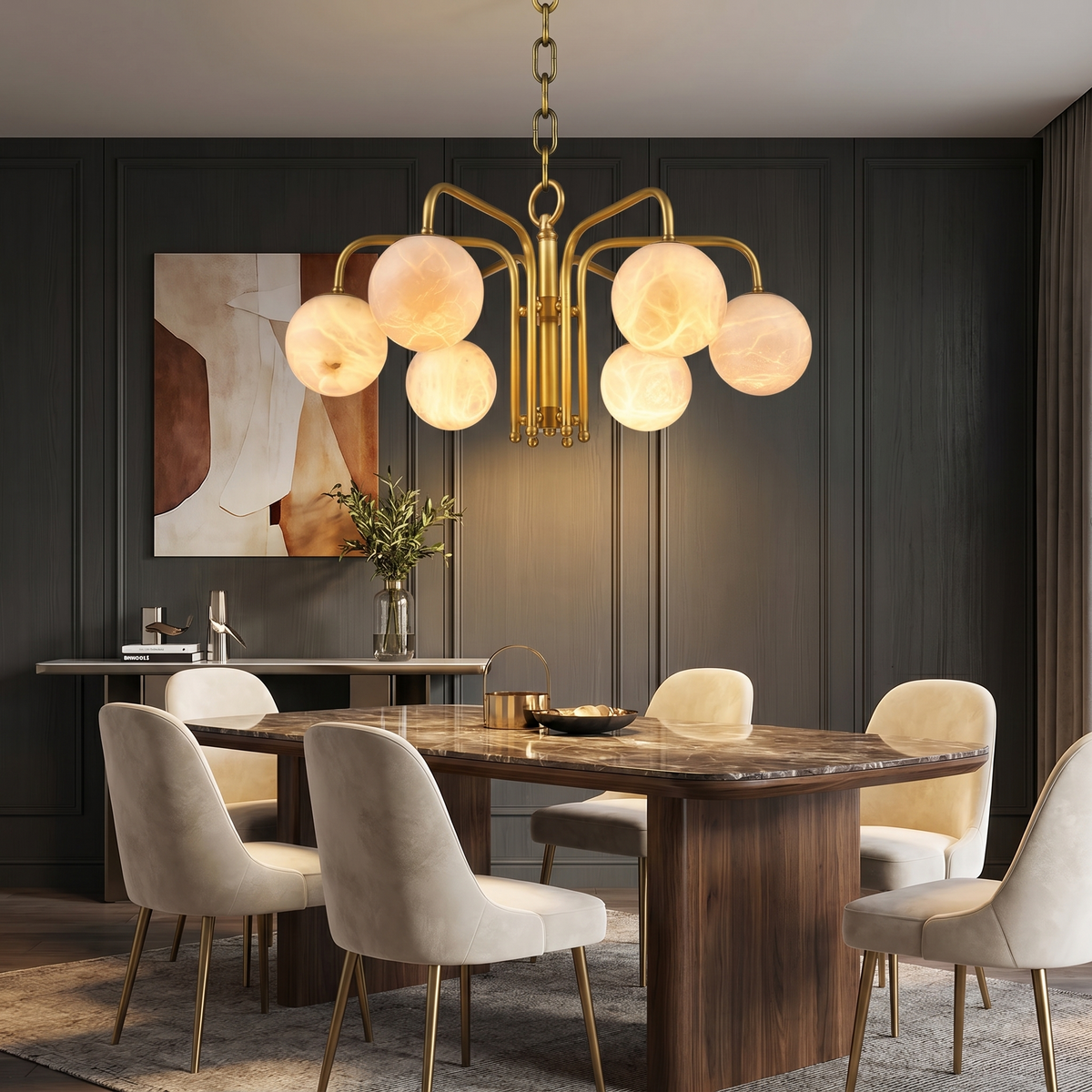 Brass 6-orb Alabaster Pendant Light