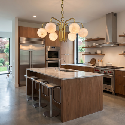 Brass 6-orb Alabaster Pendant Light