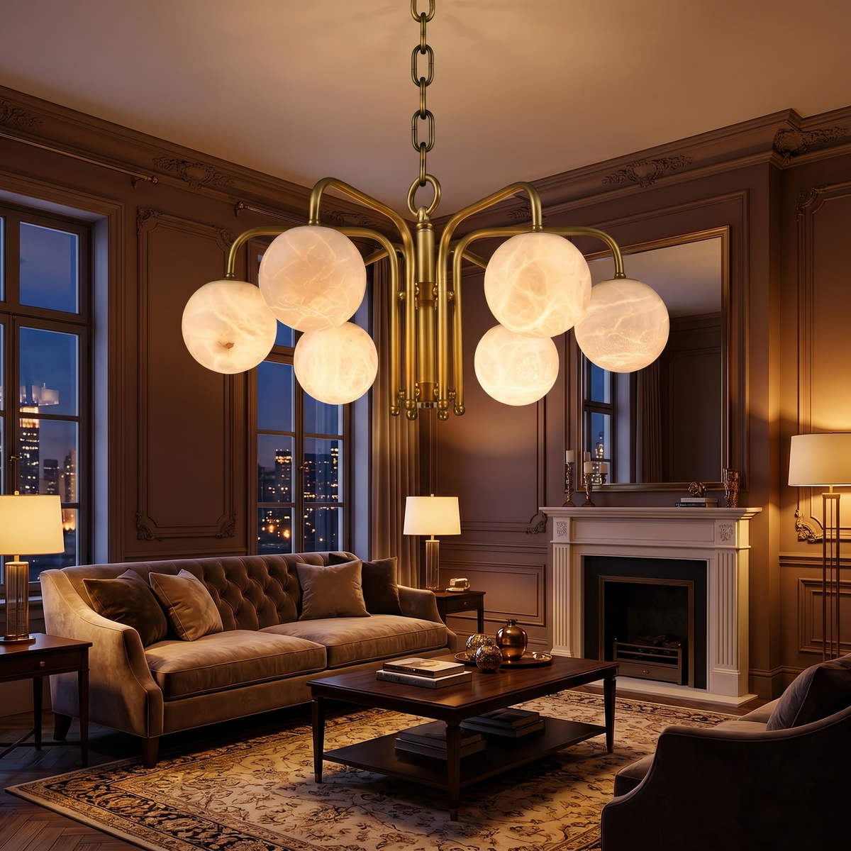 Brass 6-orb Alabaster Pendant Light