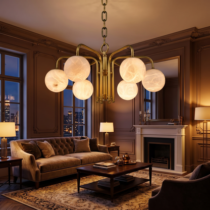 Brass 6-orb Alabaster Pendant Light