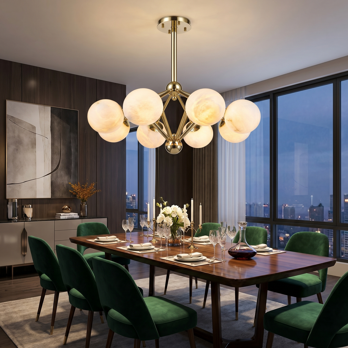 Brass 8-orb Alabaster Pendant Light