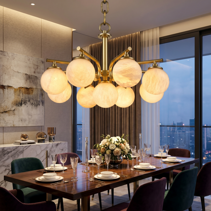 Brass 9-orb (extra) Alabaster Pendant Light