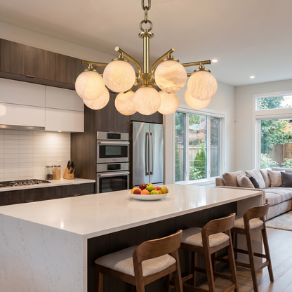 Brass 9-orb (extra) Alabaster Pendant Light